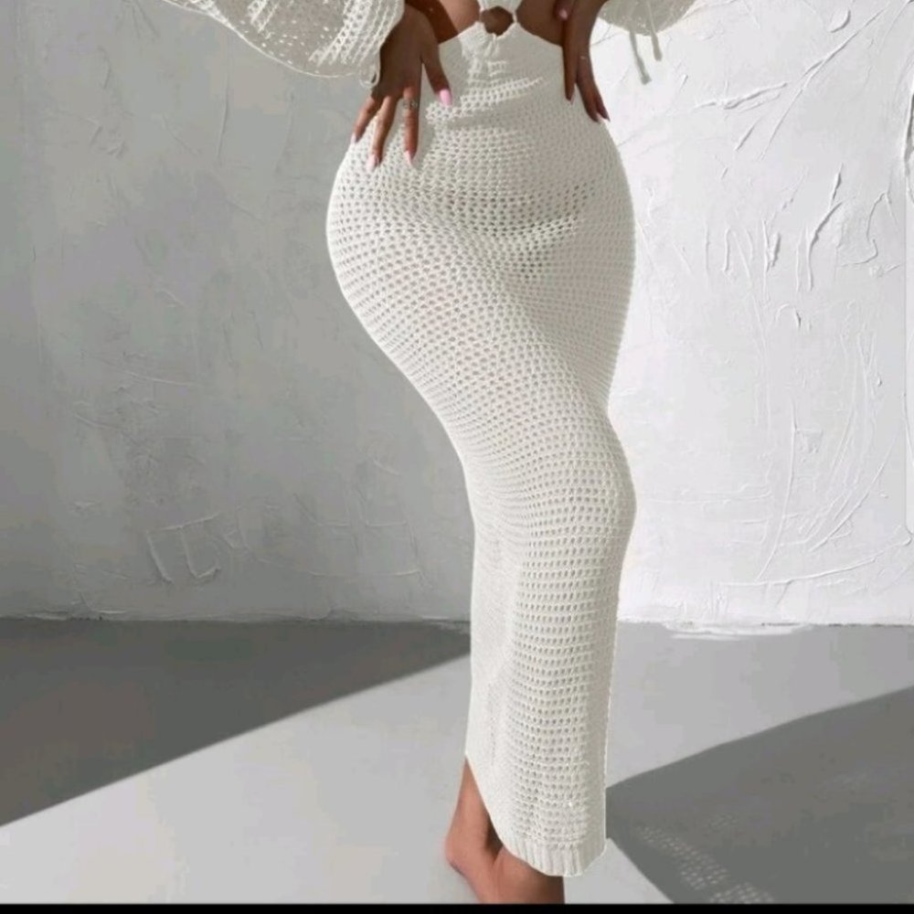 White knit cut out cover up dress summer beachy vacay - Picture 6 of 8